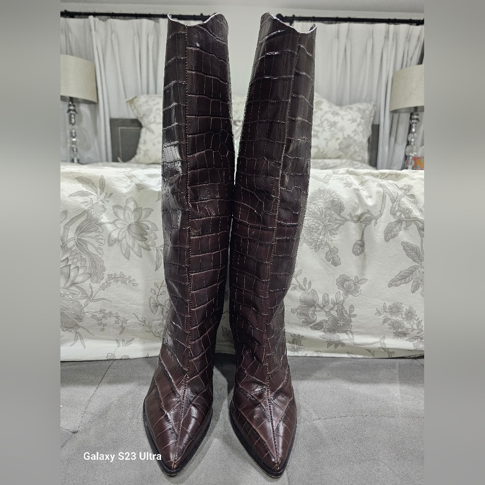 Schutz Maryana Block Croc-Style Knee Boots (Color: Dark Chocolate Size 7)